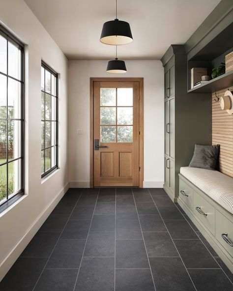 Adeline 12x24 Matte Porcelain Tile in Midnight Modern Cabin Tile Floor, Slate Herringbone Tile Floor Kitchen, Porcelain Tile Floor Entryway, Tile In House, Black Tile Entryway Floor, Dark Tile Floors Living Room, Dark Floor Tiles Kitchen, Dark Kitchen Tiles Floor, Basement With Tile Floor