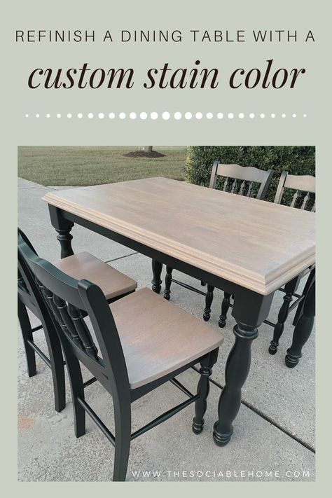 The Sociable Home posted a graphic explaining that you can refinish an Ashley Furniture dining table in 15 days like they did. The Sociable Home used Citristrip to remove old varnish and blended stain colors 1:1 to make a custom tone to match their space. Dining Table Refurbish Ideas, Table Remodel, Ashley Furniture Dining, Dining Room Table Makeover, Painted Kitchen Tables, Dining Table Makeover, Kitchen Table Makeover, Furniture Upcycling, Style Dining Table