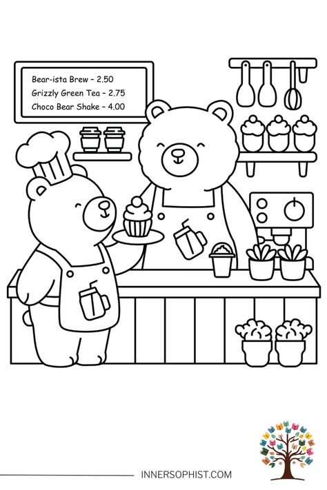 Bear Cafe Coloring Page Cute Bear Coloring Pages, Bookstore Coloring Pages, Cozy Coloring Pages Printable, Bear Colouring Pages, Cute Cafe Drawing, Donuts Coloring Pages, Cute Colouring In Pages, Coco Wyo Coloring Pages, Cookie Coloring Pages