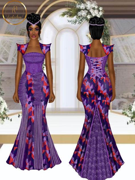 Kente Ankara Styles, Purple Kente Dress, Engagement Kente Dress For Bride, Kente Wedding Styles, Congolese Traditional Wedding Dress, Purple Kente Styles For Engagement, African Attire Dresses Traditional Weddings, Wedding Kente Styles, African Traditional Wedding Dress Africa