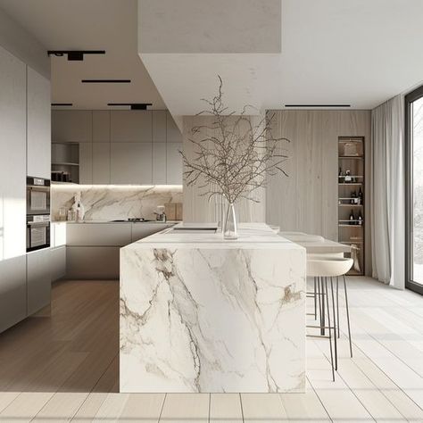 Marble Island Waterfall, Stylish Kitchen Design Modern, Waterfall Island Kitchen Quartz, Modern Kitchen Design With Island, Quartz Waterfall Island, Ceasarstone Countertops, Waterfall Kitchen Island, Kitchen Wallpaper Ideas, Kitchen Countertops Ideas