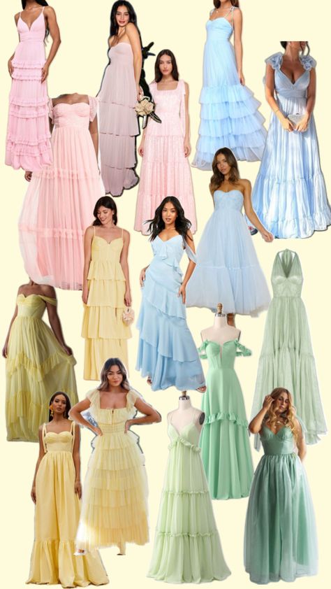 Mismatch color and style bridesmaids dresses Bridesmaid Dress Unique, Dainty Bridesmaid Dress, Pastel Bridesmaids Dress, Pastel Color Dress Wedding, Mis And Match Bridesmaid Dresses, Bridesmaids Multicolor Dresses, Bridgerton Inspired Bridesmaid Dresses, Pastel Dress Bridesmaid, Bridesmaid Dresses Pastel Colours