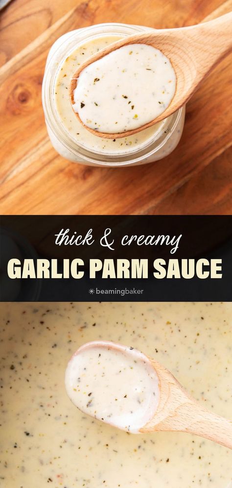 Thick, creamy garlic parmesan sauce is packed with decadent garlic, parmesan, and heavy cream. Delicious over pasta, as a dip, and more! Heavenly flavor. Perfect balance of garlic cheesiness with seasonings. | Recipe at BeamingBaker.com Quick Parmesan Sauce, Heavy Cream Sauce Recipes, Shaved Parmesan Recipes, Creamy Parmesan Pasta Sauce, Creamy Garlic Dip, Creamy Garlic Sauce For Wraps, Creamy Garlic Parmesan Wings Sauce, Garlic Parmesan Alfredo Sauce, Homemade Parmesan Sauce