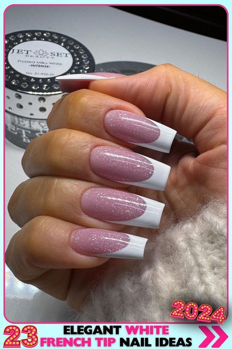 Glittery long square-shaped nails with white French tip nails. Made with acrylic and subtle glitter, these nails have a natural pink base and a glossy finish. Perfect for parties and special events, combining elegance and fun. White French Tip Nail Ideas, Square Stiletto Nails, Tip Nail Ideas, French Tip Nail Ideas, Glitter French Nails, White French Nails, White Tip Nails, Glitter French Tips, Long Square Nails