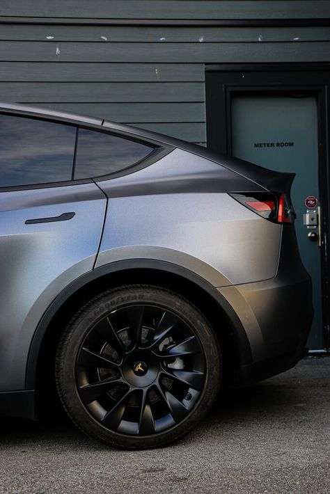 Tesla Model Y Satin Dark Grey Gold Accents | Twiisted Wrap Tesla Y Wrapped, Tesla Model X Wrap, Model Y Wrap Tesla, Tesla Model Y Wrap Colors, Tesla Model Y Grey, Tesla Y Wrap, Model Y Tesla Custom, Tesla Model 3 Wrap Ideas, Tesla Wraps Model Y