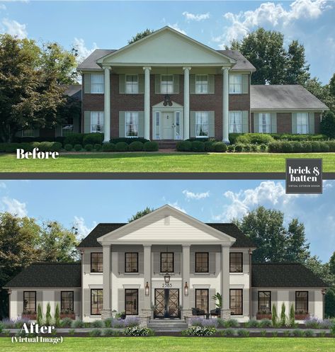 Brick Colonial Exterior Makeover, Homes With Pillars Front Porches, Large Columns Front Porches, Updating Columns On Porch, Update Pillars On Front Porch, Update Exterior Columns, Exterior Columns Modern, Colonial House Exterior Pillars, Two Story Columns Exterior