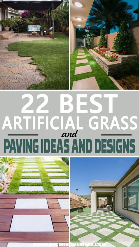 Artificial Turf And Pavers Ideas, Grass And Paving Ideas, Garden Ideas Artificial Turf, Paving Stones With Grass Between, Grass Outdoor Patio, Backyard Paver And Grass Ideas, False Grass Garden Ideas, Small Backyard Landscaping Astroturf, Small Garden Fake Grass Ideas