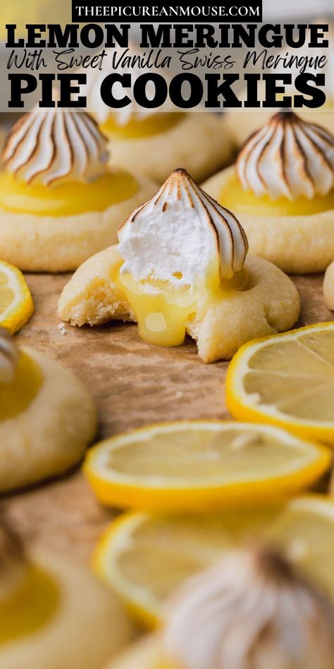 Lemon meringue pie cookies with lemon curd and Swiss meringue. Lemon Meringue Pie Cookies, Italian Meringue Recipe, Lemon Meringue Cookies, Cookies 2023, Meringue Topping, Special Cookies, Lemon Treats, Stuffed Cookies, Meringue Recipe