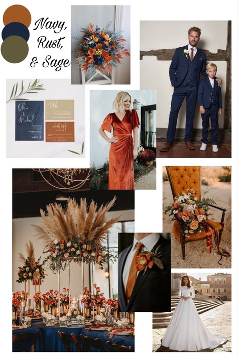 Rust And Blue Wedding Colors, Terracotta And Navy Wedding Palette, Navy Rust Olive Wedding, Navy Blue And Burnt Orange Wedding Boho, Fall Wedding Colors With Navy Suits, Boho Wedding Blue Color Palettes, Terracotta Green And Blue Wedding, Navy Blue Rust And Burgundy Wedding, Navy Copper Olive Wedding