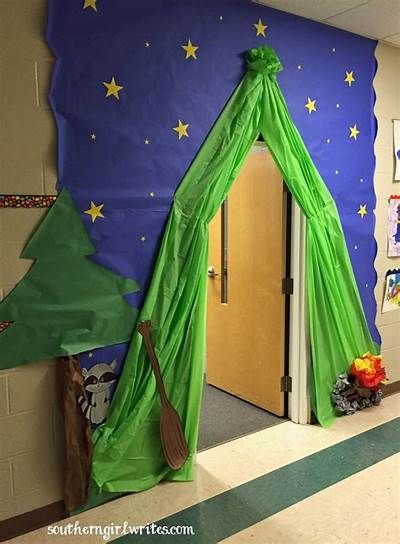 Teacher Appreciation Week-Camping Theme - Southern Girl Writes-Kate ... Camping Preschool, Camp Vbs, Camping Classroom, Camping Theme Classroom, Vbs Themes, Classroom Transformation, Camping Theme, Vacation Bible School, Classroom Door