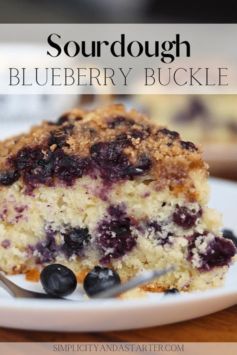 Easy Sourdough Discard Blueberry Buckle Recipe - Simplicity and a Starter Sourdough Discard Blueberry Buckle, Lemon Blueberry Sourdough Discard, Sourdough Blueberry Buckle, Sourghdough Recipes, Sourdough Blueberry Breakfast Cake, Summer Sourdough Discard Recipes, Sourdough Blueberry Coffee Cake, Sourdough Discard Blueberry Coffee Cake, Sourdough Discard Bundt Cake