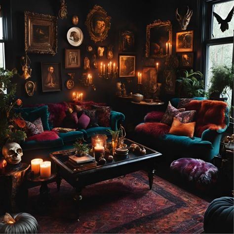 Magical & Maximalism Home Decor: Whimsigoth, Eclectic, and Witchy Vibes for Your Space | by Magical Maximalism🔮🏡✨ | Sep, 2024 | Medium Dark Victorian Living Room, Chesterfield Sofa Velvet, Maximalism Home, Goth Living Room, Dark Academia Living Room, Academia Interior, Witchy Dark Academia, Academia Home, Dark Academia Interior