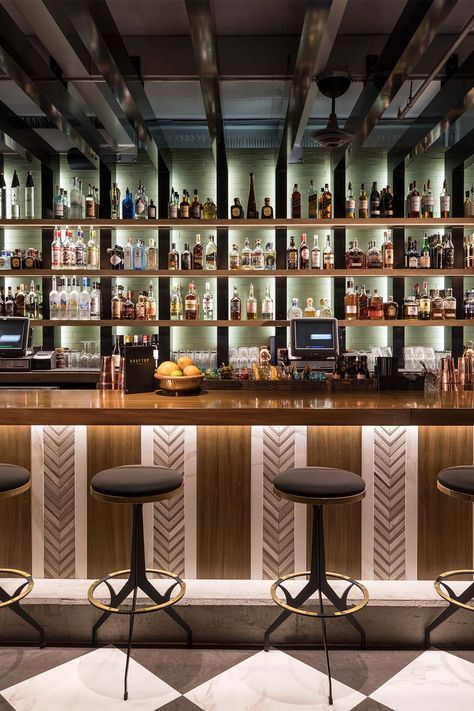 Rooftop @ 1WLO - Hotel, Restaurant & Nightclub Design by Big Time Design Studios English Bar, Back Bar Design, Bar Lounge Design, Bar Deco, Bar Restaurant Interior, Bar Counter Design, Bar Shelves, Nightclub Design, Decoration Restaurant