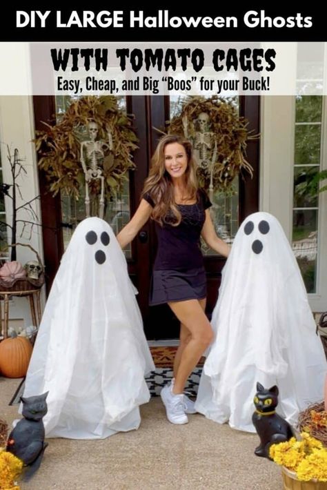 Tomato cage ghosts are the perfect addition to your Halloween decorations. This easy DIY project costs little to make but gives big "boos" for your buck! Diy Outdoor Light Up Ghost, Cute Outdoor Halloween Decor Front Yards Easy, Cheap Porch Halloween Decorations, How To Make Yard Ghosts, Ghost Front Door Decor, Diy Halloween Decorations For Yard, Diy Large Outdoor Halloween Decorations, Simple Halloween Yard Decor, Diy Easy Outdoor Halloween Decorations