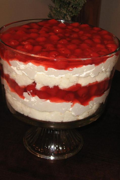 Cherry Trifle Desserts, Cherry Delight Dessert, Cherry Trifle, Cherries In The Snow, Delight Dessert, Snow Recipe, Angel Food Cake Desserts, Cherry Delight, Trifle Desserts