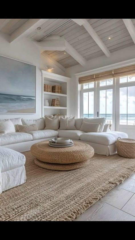 California Coastal Living Room, Coastal Bungalow, Beach Condo Decor, Minimalist Living Room Ideas, Window Seat Design, Living Room Minimalist, White Living Room Decor, House Makeovers, Neutral Bedroom Decor