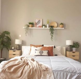 Floatingshelves Bed With Floating Shelf Above, Boho Above Bed Shelf, Shelf Over Bed With Plants, Above The Bed Picture Ideas, Bedroom Shelf Plants, Bedroom Decor Floating Shelves, Shelf Above Bed With Pictures, Decorative Shelf Above Bed, Boho Bedroom Above Bed Decor