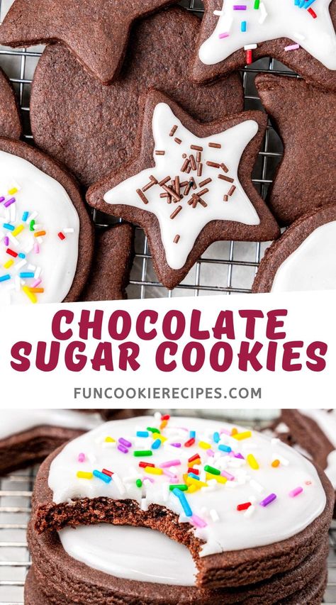 Sugar Cookies With Chocolate Chips, Chocolate Sugar Cookies Cut Out, Chocolate Sugar Cookies Recipe, Chocolate Cutout Cookies, Chocolate Cut Out Cookie Recipe, Fun Cookie Recipes, Chocolate Sugar Cookie Recipe, Sugar Cookie Recipe Easy, Chocolate Sheet Cake