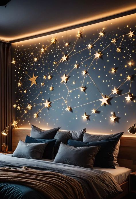 Tropigoth Home, Idea To Decorate Bedroom, Nerdy House Ideas, Cool Bedroom Wall Ideas, Bedroom Ideas Stars, Celestial Home Aesthetic, Galaxy Room Ideas Bedrooms, Musical Bedroom Ideas, Bedroom Wall Inspo Aesthetic