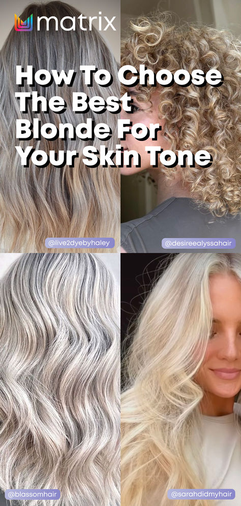 Discover what blonde shade looks best on you! To golden, icy, strawberry, or platinum blonde, here’s our blonde hair guide ✨💜 #matrix #hairblog #hair #blog #sosilver #blonde #silverhair #haircare #haircolor Blonde Shades Chart, Blonde Colour Chart, Ash Blonde Vs Platinum, Natural Dark Ash Blonde Hair, Types Of Platinum Blonde, Shades Of Blonde Chart, True Summer Hair Color Blondes, Blond For Cool Skin Tone, Pearl Color Hair