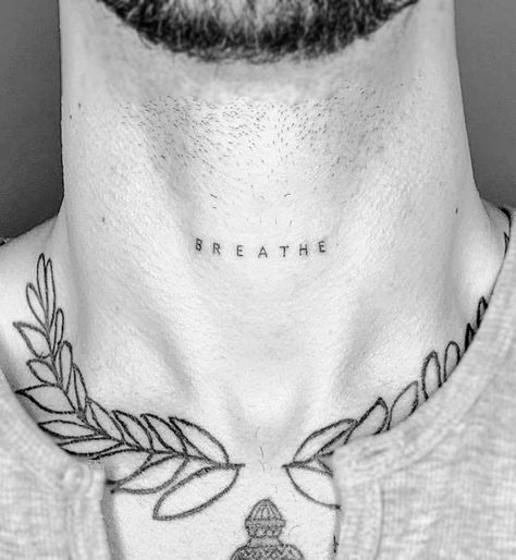 38 Small Meaningful Tattoos That Are Permanent Reminders Neck Area Tattoo, Meaningful One Word Tattoos For Men, Small Written Tattoos Men, Single Word Neck Tattoos, Word Throat Tattoo, Small Meaningful Neck Tattoos, Neck Tattoo Words Men, Neck Writing Tattoo Men, Neck Words Tattoo