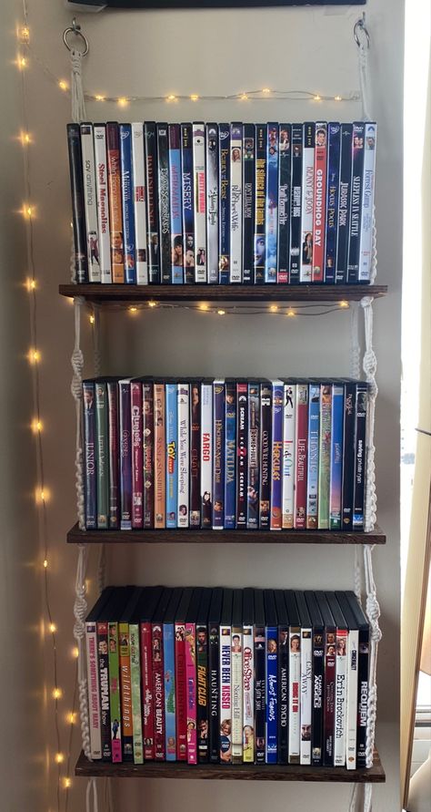 Cute Dvd Storage Ideas, Dvd Bookshelf, Movie Organization Ideas, Movie Merchandise, Dvd Wall, Dvd Shelf Aesthetic, Movie Display, Dvd Organization Ideas, Movie Collection Display