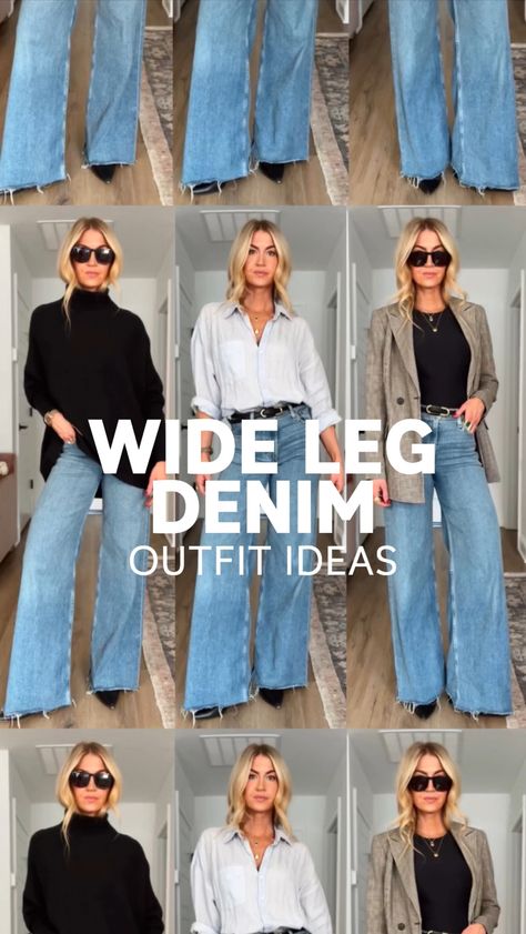 WIDE LEG DENIM OUTFIT IDEAS - Lifestyle Blog by Leanne Barlow Wide Leg Jeans With Heels Outfits, Wide Jeans Styling, Wide Leg Jeans Dressed Up, Outfit Ideas With Jeans Casual, Classy Wide Leg Jeans Outfit, Wide Leg Crop Jeans Outfit 2024, Wide Leg Jeans With Blazer Outfit, Wide Leg Jean Office Outfit, Blue Jean Work Outfits Women