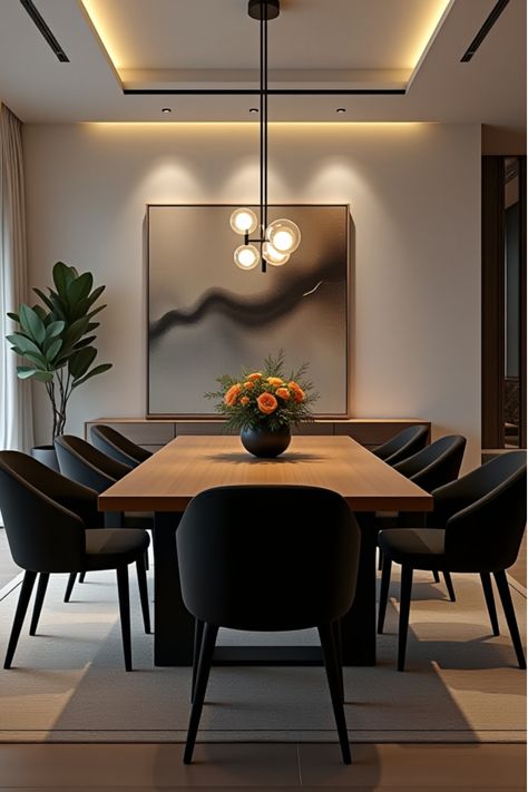 Sleek dining room with wooden table and black chairs Living Dining Interior Design, Styling Black Dining Table, Dining Set Up Ideas, Modern Accent Wall Dining Room, Dining Room With Wood Table, Open Dining Room Design, Dinning Room Ideas Dark Brown Table, Ideas For Formal Dining Room Space, Dinning Room Ideas Modern Minimalist