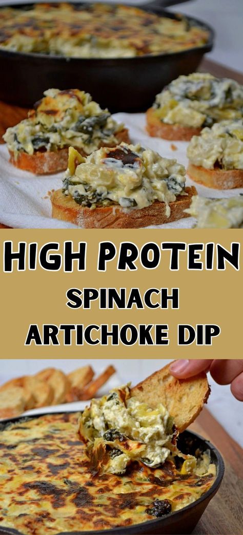 This High Protein Spinach Artichoke Dip Recipe is quick to make with a few simple ingredients, ready in one pan, and sure to be a favorite dip at your next party or football game! This perfect appetizer is made with Greek yogurt, spicy jalapenos, and delicious spinach and artichokes, making it a real crowd-pleaser. Spinach And Artichoke Hummus, Spinach Artichoke Dip With Jalapeno, Protein Spinach Artichoke Dip, High Protein Spinach Dip, High Protein Spinach Artichoke Dip, Spinach Artichoke Dip Greek Yogurt, High Protein Dip Recipes, Bariatric Appetizers, Spinach Artichoke Dip Healthy