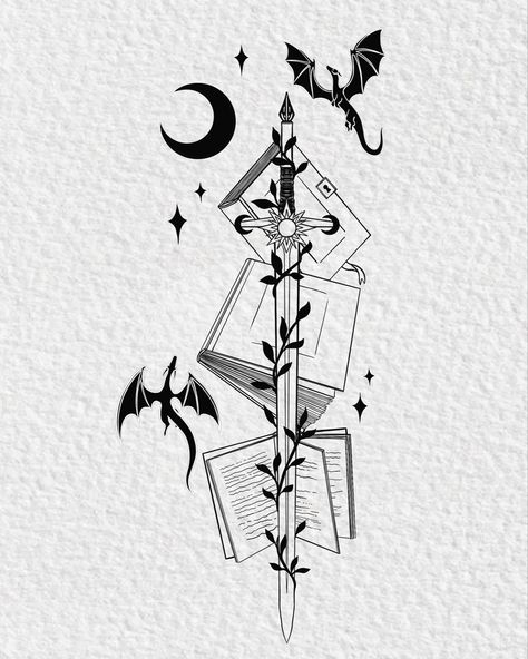 Dragon tattoo design with books Book Inspired Tattoos, Kraken Tattoo, 16 Tattoo, Bookish Tattoos, Idee Cricut, Muster Tattoos, Fantasy Tattoos, Feminine Tattoo, Tattoo Style Drawings