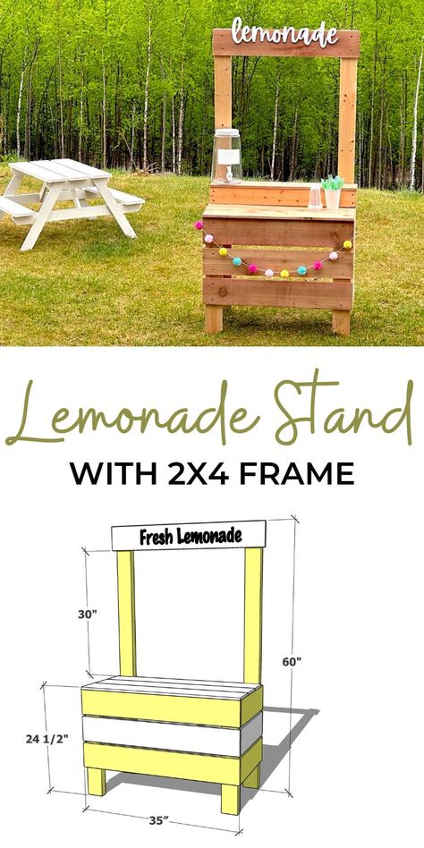 Diy Lemonade Stand Plans, Diy Lemonade Stand Pallet, Lemonade Stand Plans, Cedar Picket Projects, Kids Lemonade Stand Ideas, Cute Lemonade Stand Ideas, Pallet Lemonade Stand, Lemonade Stand Ideas, Kids Lemonade Stands