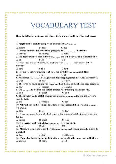 A2 Level English Worksheet, A2 Vocabulary English, Vocabularies Worksheets, Grammar Test Worksheets, English Level Test, English Vocabulary Exercises, Vocabulary Test, English Grammar Test, English Grammar Exercises