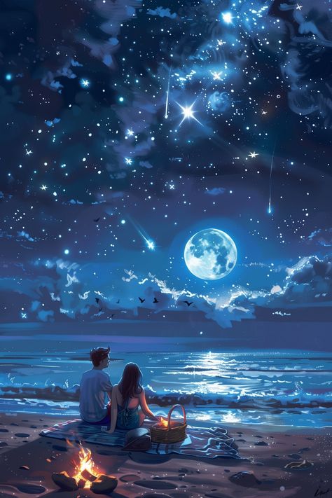 Fantasy Romance Art Night, Romantic Beach Aesthetic, Cute Couple Image Romantic, Romantic Cartoon Couple Images, Sitting On Moon, Aesthetic Anime Wallpaper, Letters Symbols, Cute Moments, Couple Sitting