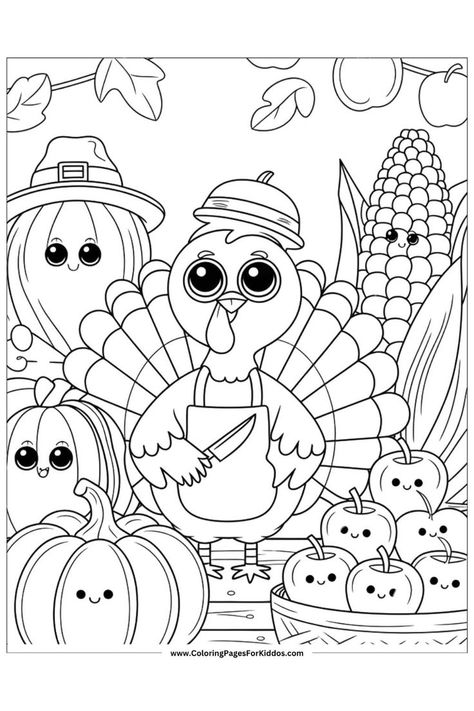 A Thanksgiving-themed scene with a smiling turkey, pumpkins, and corn, ideal for fall coloring. Fall Coloring Pages November, Coloring Pages For November, Fall Coloring Activities, 4th Grade Coloring Pages, November Coloring Sheets Free Printable, Coloring Pages Thanksgiving For Kids, Kids Thanksgiving Coloring Pages, Thanksgiving Colouring Printables, Coloring Pages November