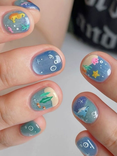 short summer nails: sea creatures Nail Designs For Short Short Nails, Cute Designs On Short Nails, Cute Nail Art Designs For Short Nails, Cute Gel Nails Winter, Nails Idea For Short Nails, Cute Nail Designs For Short Nails Summer, Funky Short Nail Designs, Simple Colourful Nails, Painted Nails Ideas Short