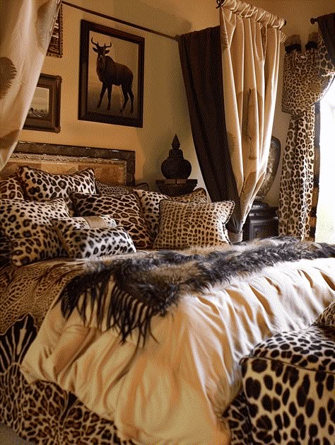 13 Safari-Themed Bedroom Ideas to Transform Your Sleeping Space! Leopard Comforter Bedroom, Cosy Room Inspiration, Cool Furniture Ideas, Leopard Theme Bedroom, Leopard Print Home Decor, Cheetah Bedroom Ideas, Safari Bedroom Ideas, Safari Bedroom Ideas For Adults, Black Bedding Room Ideas