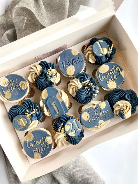 Cupcake Designs For Men, Blue And Gold Cupcakes, 21st Cupcakes, Blue Latte, Gold Cupcakes, Blue Cupcakes, Cupcake Designs, 13th Birthday, Chic Nails