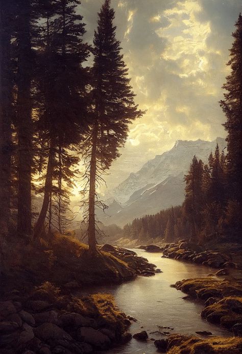 Nature, Detailed Landscape Painting, Forest River Painting, Mountain Drawing Realistic, Oil Painting Landscape Realistic, Painting Reference Photos Landscape, Realistic Landscape Paintings, Dark Landscape Painting, Chiaroscuro Painting