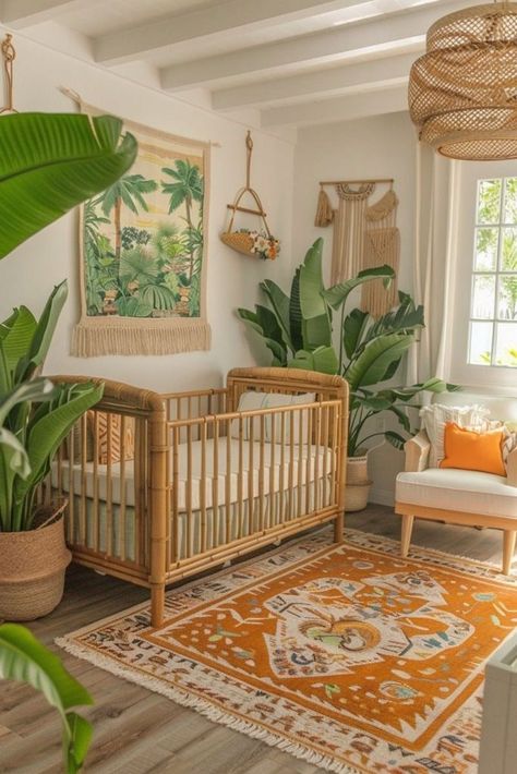 Tropical Nursery Theme, Bold Nursery Ideas, Plant Baby Nursery, Tropical Theme Nursery, Tropical Furniture Design, Earthy Baby Nursery, Earthy Nursery Ideas, Plant Themed Nursery, Nursery Ideas Colorful