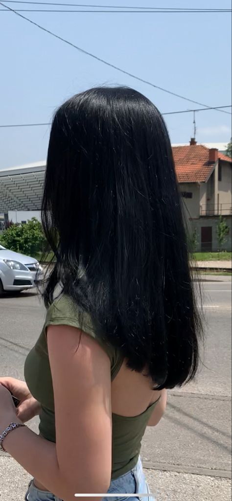 Long Black Hair Middle Part, Med Length Black Hair, Long Hair With Minimal Layers, Medium Jet Black Hair, Mid Length Hair With Layers Black, Black Hair Dye Aesthetic, Straight Medium Layered Hair, Black Straight Hair Aesthetic, Jet Black Hair Mid Length