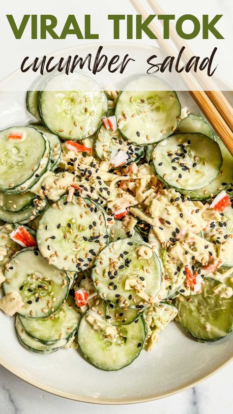 Have you tried the whole cucumber salads going viral on TikTok? This sliced cucumber California roll salad is so worth making!  If you like California rolls, you'll love this easy dish. It's fresh, creamy, crispy, and has lots of great flavor! Savory Cucumber Recipes, Spiraled Cucumber Salad, Cucumber Kani Salad, Chopped Cucumber Salad Recipes, Cucumber California Roll Bowl, The Best Cucumber Salad, Big Mac Cucumber Salad, Carrots And Cucumbers Snack, Cucumber Jar Salad