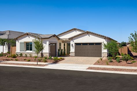 Pomona model home exterior | Surprise, Arizona | Estates at Asante | Richmond American Homes Desert Farmhouse Exterior, Arizona Brick House, Arizona Stucco Exterior Colors, Arizona Home Exterior, White Stucco House Arizona, Arizona Homes Exterior, Arizona House Exterior, Austin Texas Homes Exterior, Arizona Style Homes