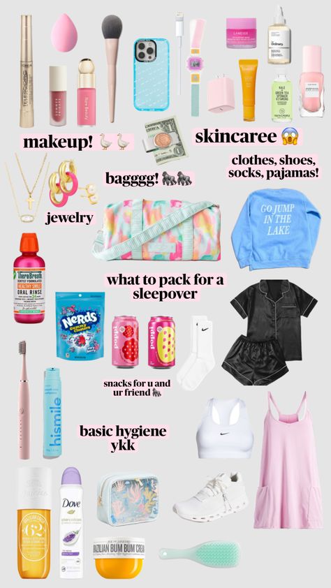 sleepover bag!! 🦍🪿🦍🪿🐀🐀 #fyp Sleepover Packing List, Road Trip Necessities, Trip Essentials Packing Lists, Fun Sleepover Activities, Teen Sleepover Ideas, Sleepover Essentials, Road Trip Bag, Teen Sleepover, Airplane Travel Essentials