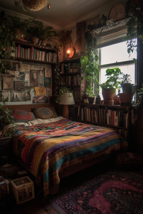 Whimsigoth Dorm, Vintage Hippie Bedroom, Whimsigoth Bed, Bohemian Bedroom Decor Hippie, Geek Home Decor, Decor Ideas Bedroom, Chill Room, Home Decor Aesthetic, Aesthetic Home Decor