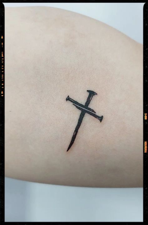 Three Nails Cross Tattoo, 3 Nails Cross Tattoo, Cross Minimalist Tattoo, Small Cross Tattoo For Men, Small Wrist Tattoos For Men, Cross Tattoos Men, Nail Cross Tattoo, Upside Down Cross Tattoo, Small Biblical Tattoos