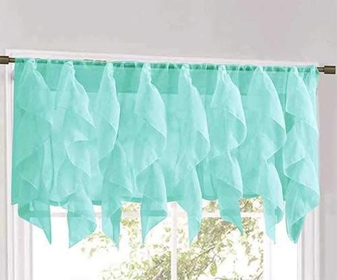 Amazon.com: Rooney Sheer Voile Ruffled Curtain Panels (Sea, 1 Valance 50" X 16"): Kitchen & Dining Small Bathroom Window, Pink Bedroom Furniture, Sheer Valances, Waterfall Valance, Ruffle Curtains, Blue Shabby Chic, Buy Curtains, Sheer Curtain Panels, Curtain Valance