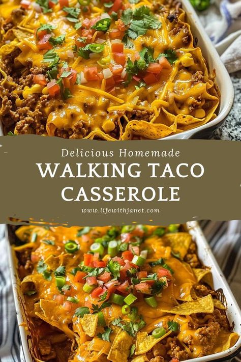 Walking Taco Casserole Walking Tacos Recipe, Walking Taco Casserole, Taco Dishes, Walking Taco, Mexican Casserole Recipe, Simple Family Meals, Walking Tacos, Taco Dinner, Taco Casserole