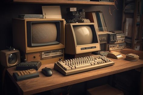 Photo retro computer on desk arrangement | Premium Photo #Freepik #photo #vintage-computer #computer-technology #computer #technology Computer On Desk, Desk Arrangement, Desk Arrangements, Photo Retro, Retro Computer, Computer History, Computer Backgrounds, Computer Room, Quantum Computer