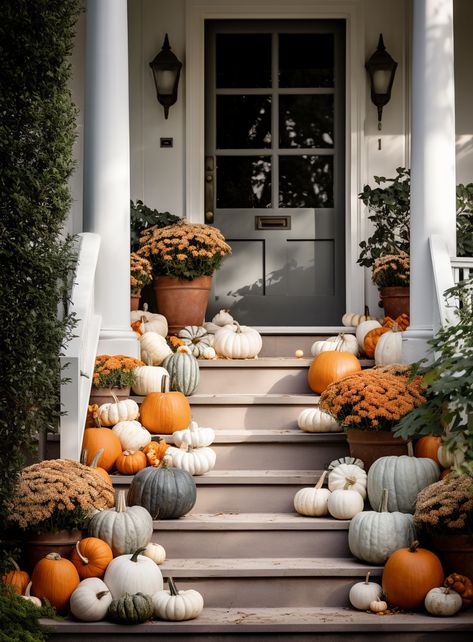 Get ready for the season to deck out your porch! Get inspired to create a cozy autumn oasis with pumpkins, hay bales, and other festive decorations. Start decorating today! #autumn #fallcolors #pumpkins #halloween Pumpkin Porch Ideas, Fall Front Porch Pumpkins, Porch Pumpkin Display, Fall Porch Pumpkin Display, Fall Porch Pumpkins, Pumpkin Front Porch, Pumpkin Decorations Front Porch, Pumpkins Porch Display, Classic Easter Decor