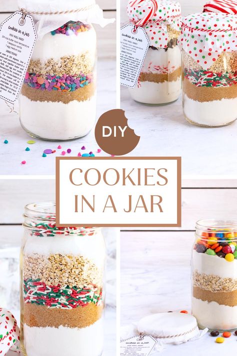 Treat your friends with homemade cookie mix gift jars. They will love making their own homemade warm and delicious cookies in a jar. Cookie Dry Mix Gift, Cake Mix Cookies In A Jar, Baking In A Jar Gift, Diy Gift Jars Ideas, Pint Size Mason Jar Cookie Recipes, Mason Jar Cookie Gifts, Christmas Cookies In A Jar Gift, Cookie Kits Packaging, Cookie Jar Gift Ideas